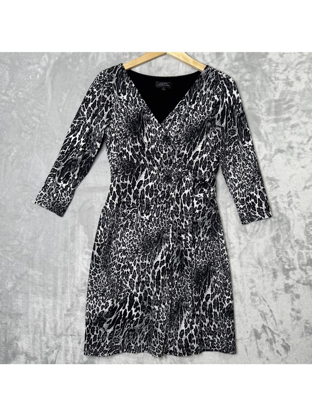 Tahari Arthur S Levine Dress Womens 4 Animal Print 3/4 Sleeve Stretch Career